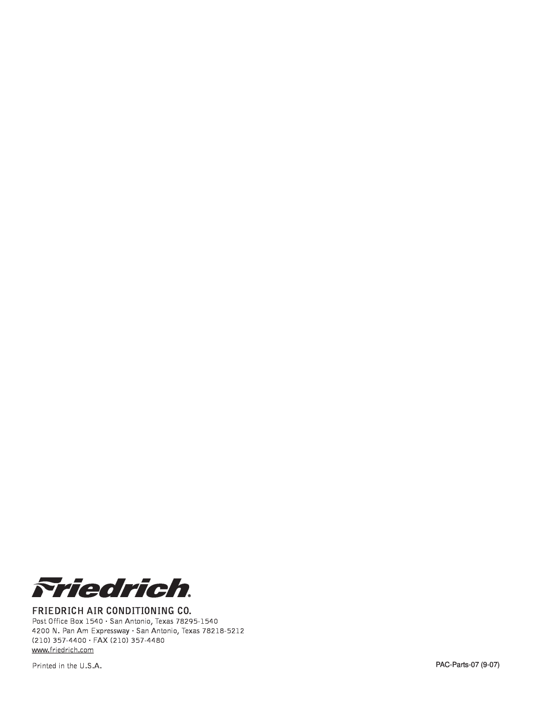 Friedrich P-12 manual Friedrich Air Conditioning Co, Post Office Box 1540 · San Antonio, Texas, PAC-Parts-07 