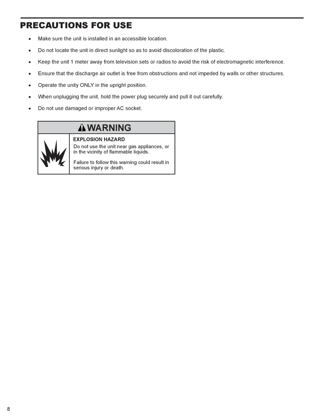 Friedrich P012B, P012A service manual Precautions for USE, Explosion Hazard 