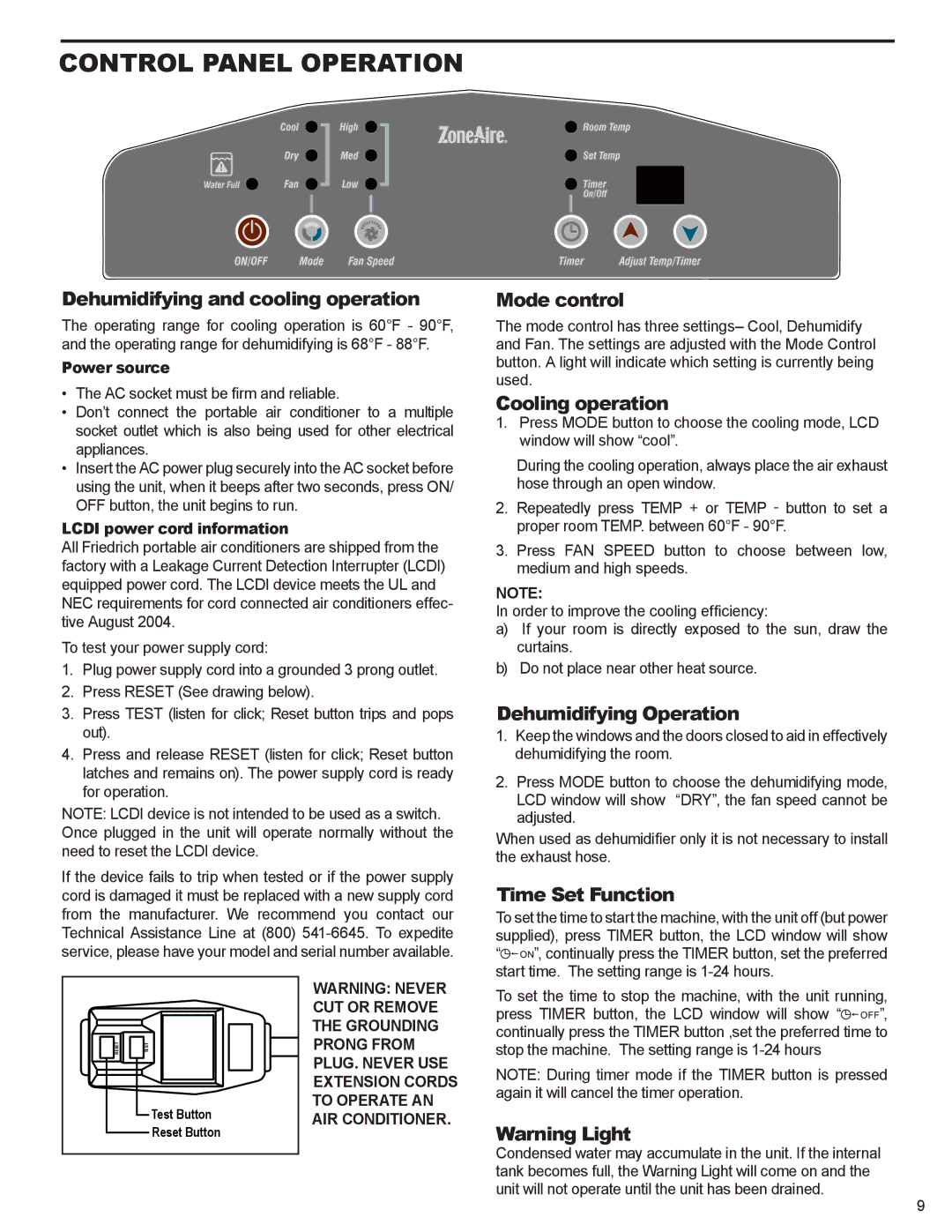 Friedrich P012A, P012B service manual Control Panel Operation 