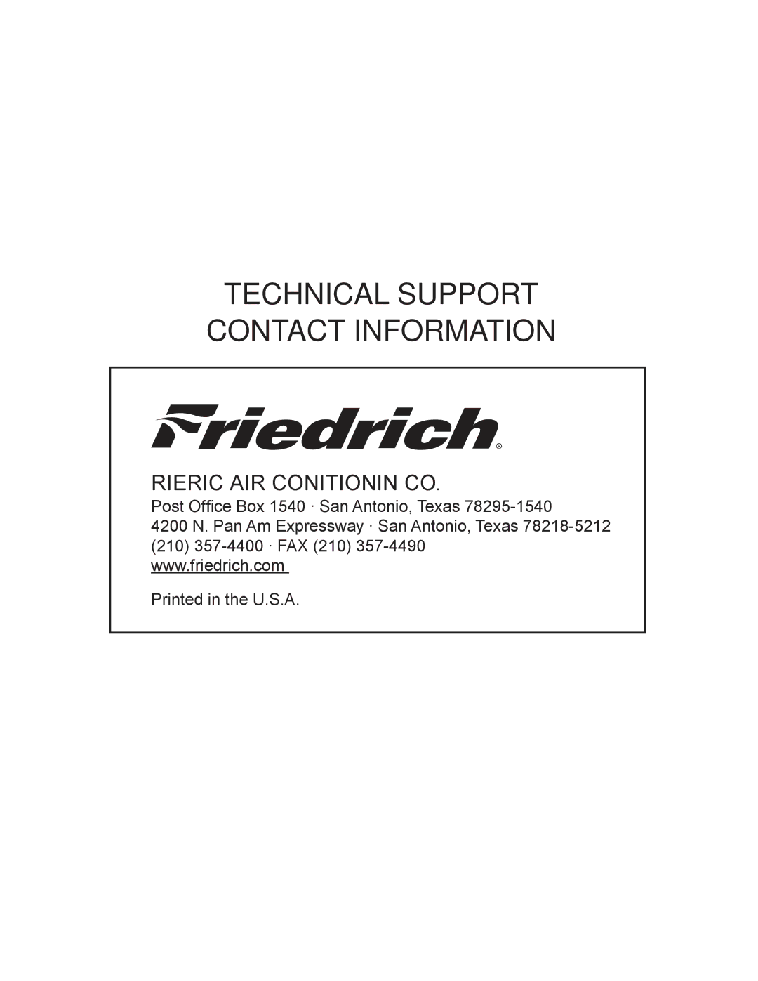 Friedrich P012A, P012B service manual Technical Support Contact Information 