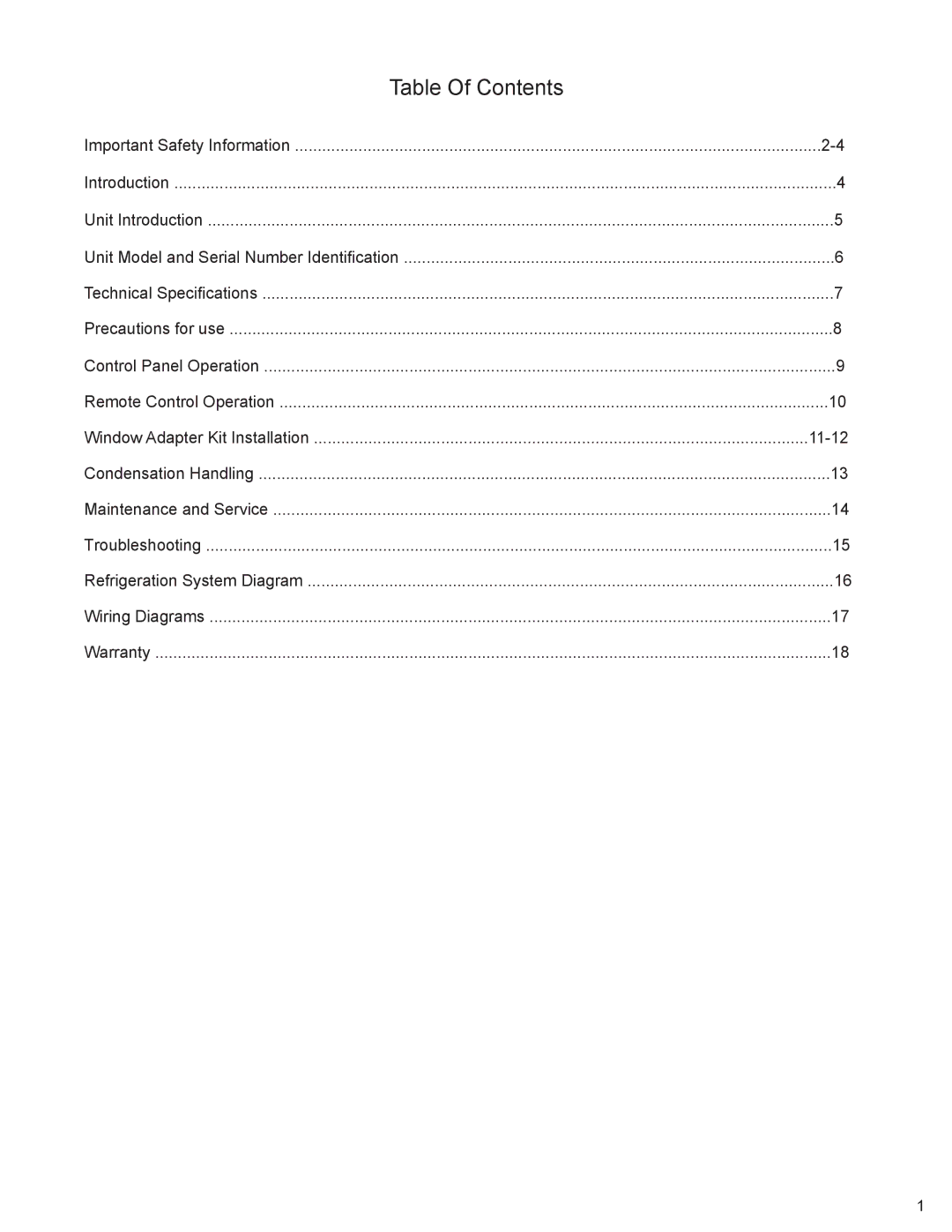 Friedrich P012A, P012B service manual Table Of Contents 