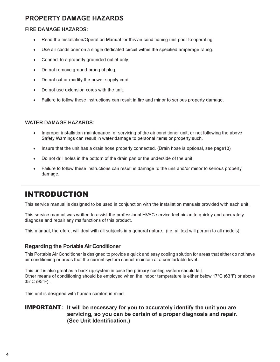 Friedrich P012B, P012A Introduction, Regarding the Portable Air Conditioner, Fire Damage Hazards, Water Damage Hazards 