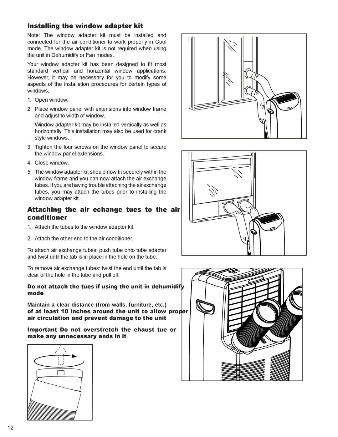 Friedrich P012A, P012B, P09A Installing the window adapter kit, Attaching the air exchange tubes to the air conditioner 