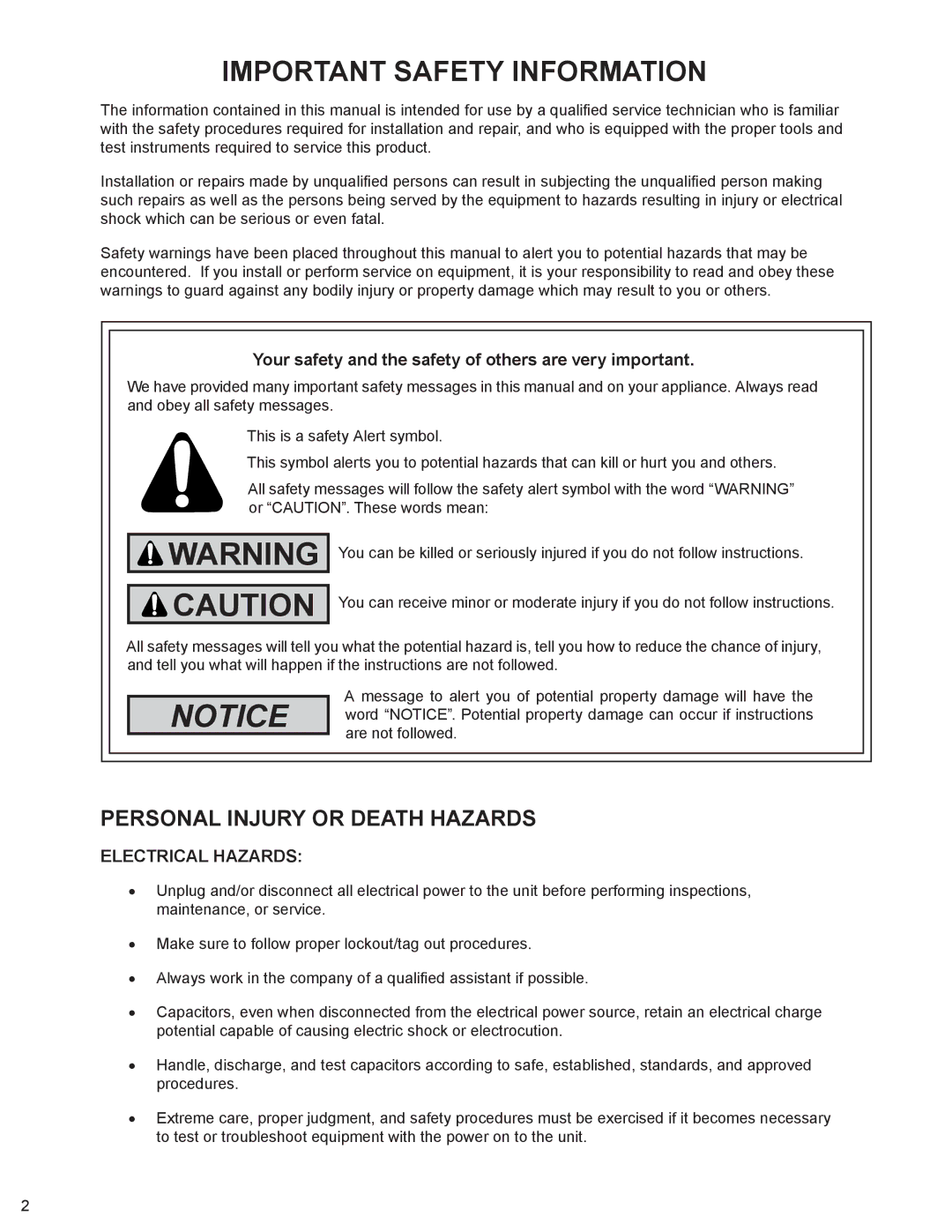 Friedrich P012B, P09A, P012A, P09B service manual Important Safety Information, Electrical Hazards 