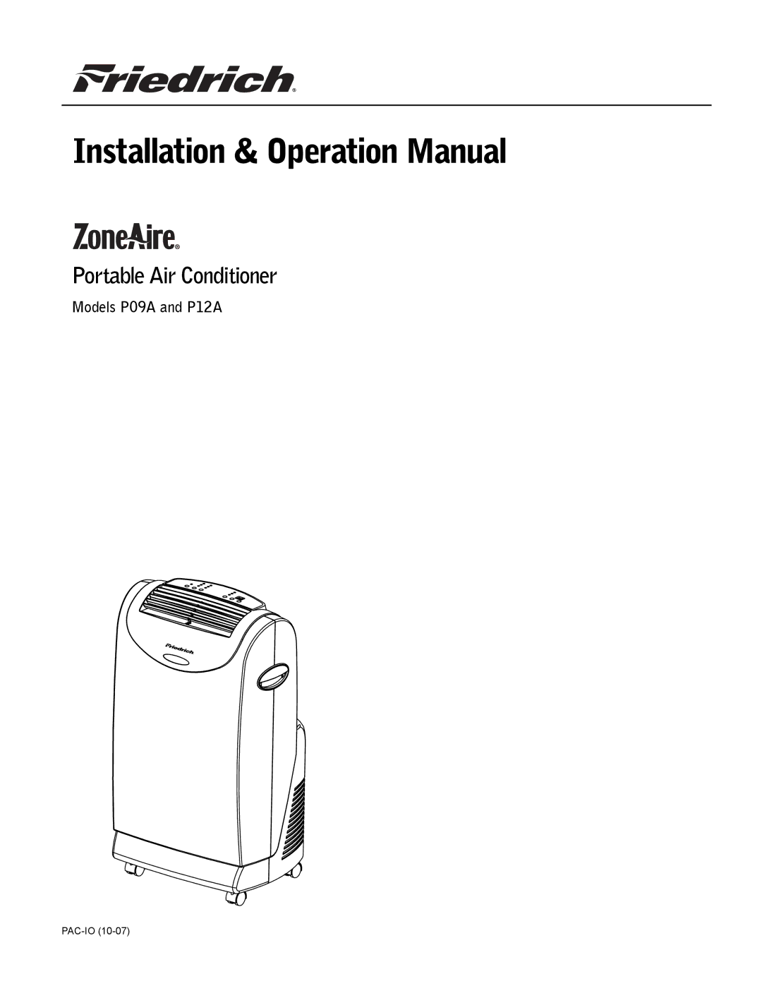 Friedrich P09A, P12A operation manual Portable Air Conditioner 