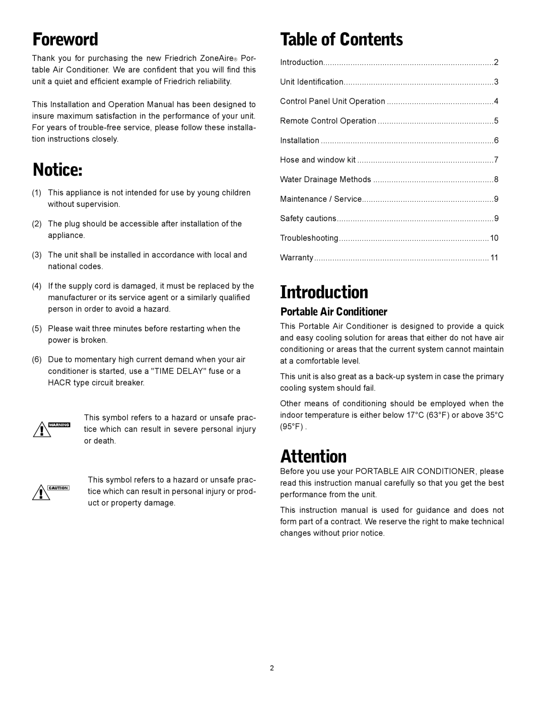 Friedrich P12A, P09A operation manual Foreword, Table of Contents, Introduction 