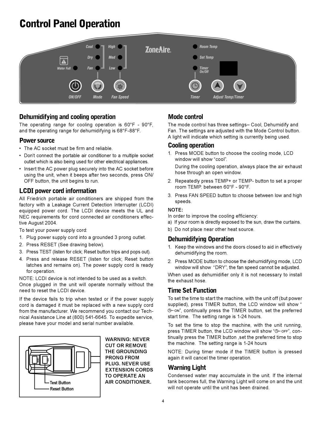 Friedrich P12A, P09A operation manual Control Panel Operation 