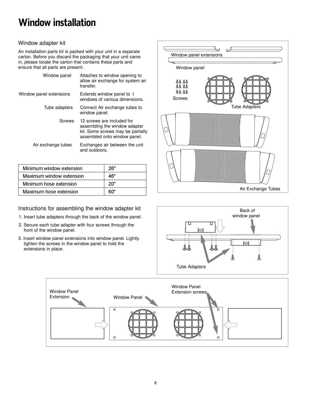 Friedrich P12A, P09A operation manual Window installation, Window adapter kit 