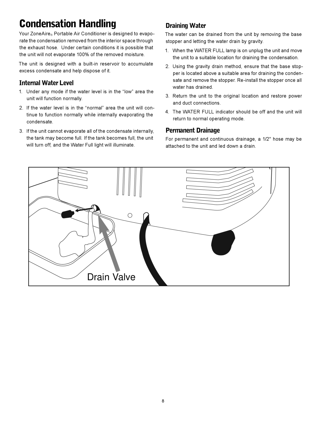 Friedrich P12A, P09A operation manual Condensation Handling, Internal Water Level, Draining Water, Permanent Drainage 