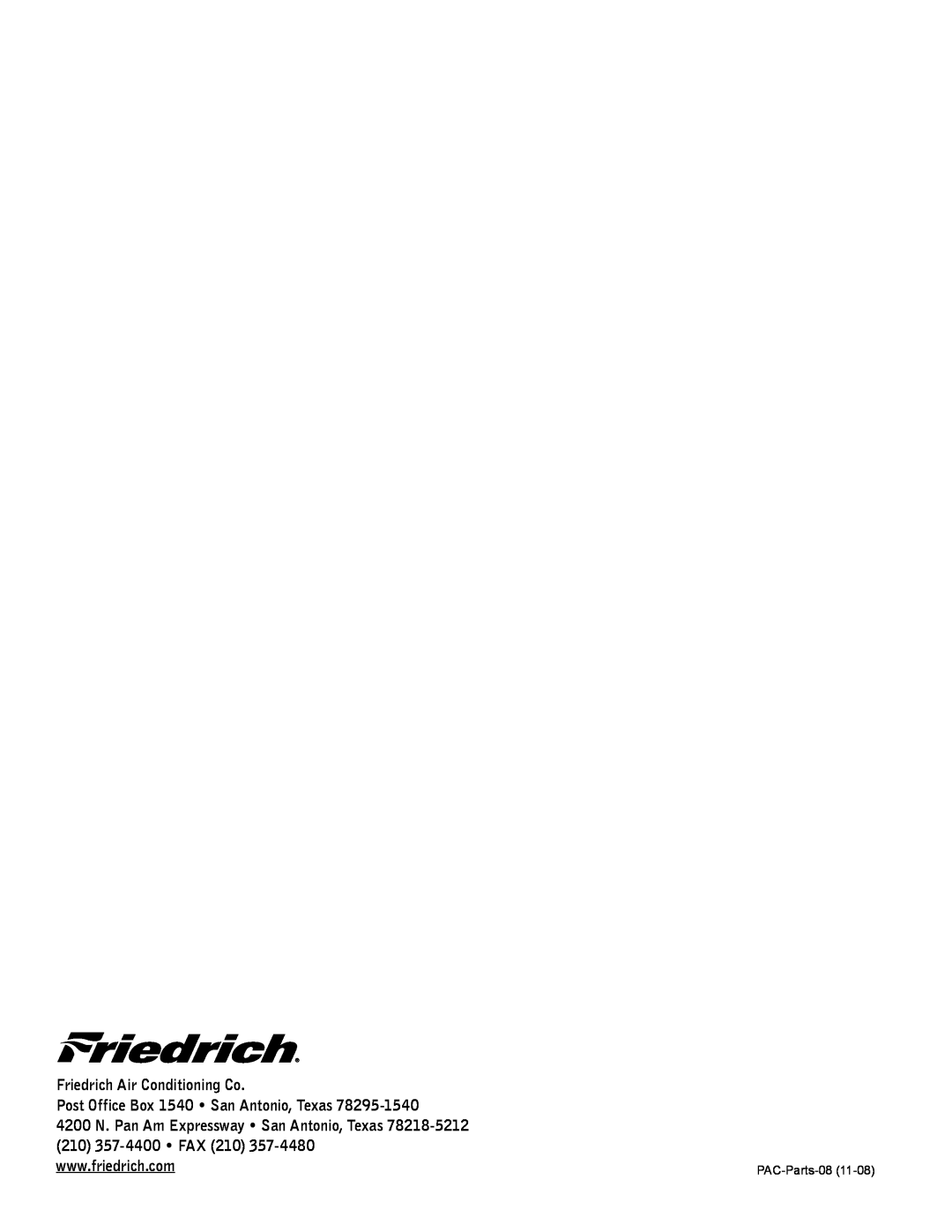Friedrich P12A manual Friedrich Air Conditioning Co, Post Office Box 1540 San Antonio, Texas, PAC-Parts-08 