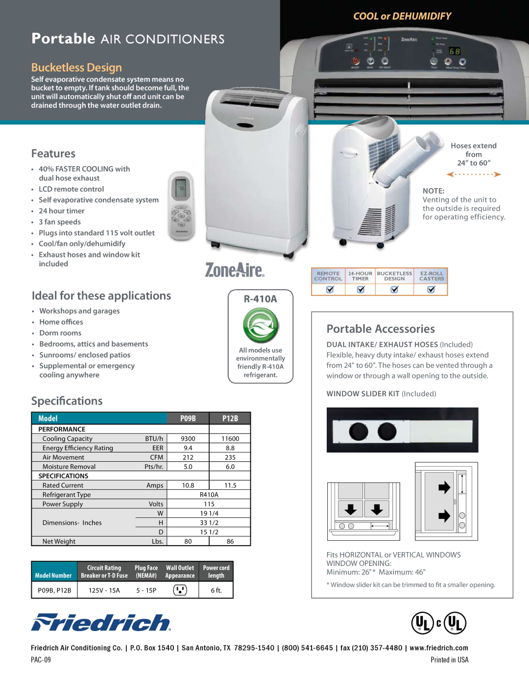 Friedrich P12B, P09B manual Features, Ideal for these applications, Specifications, Portable Accessories 