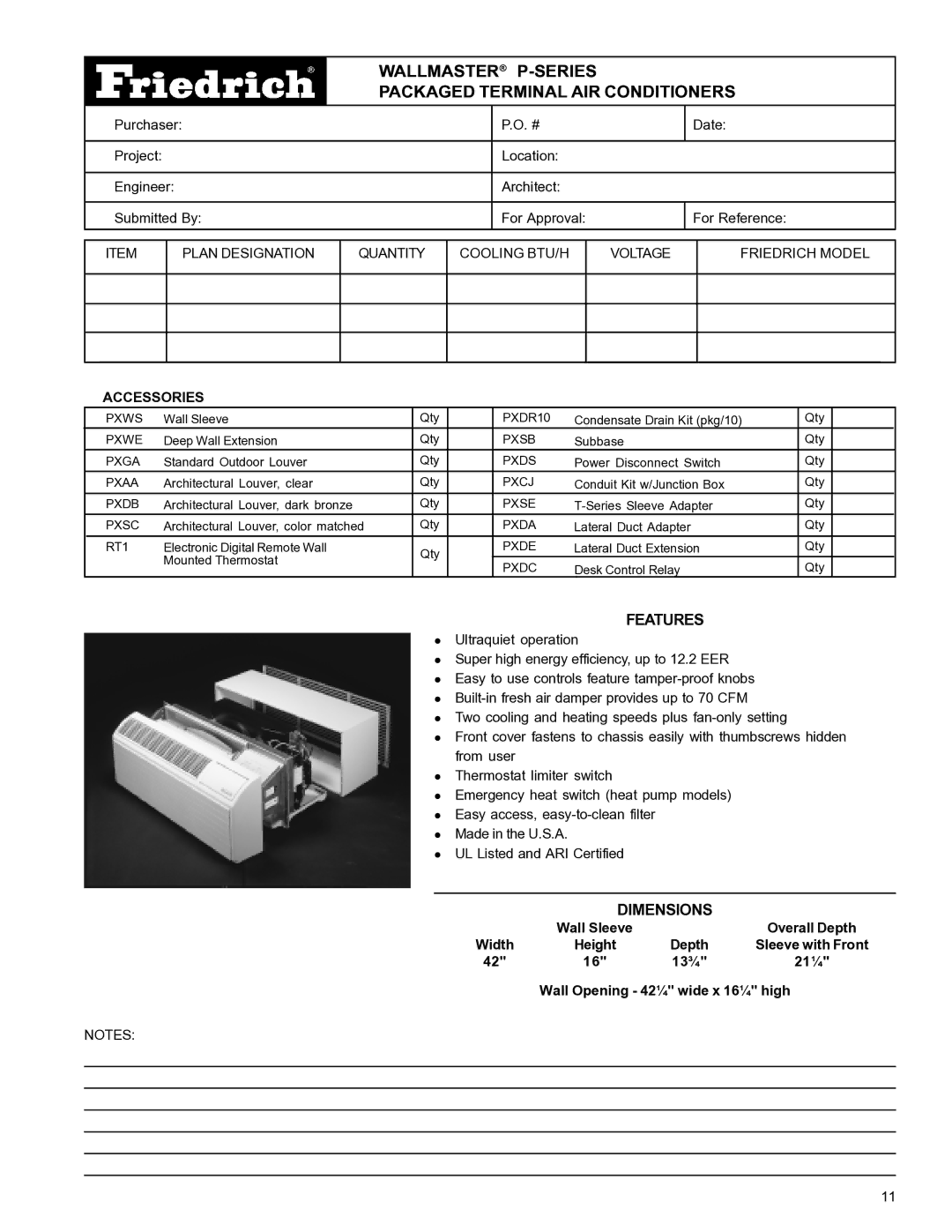 Friedrich PACKAGED TERMINAL AIR CONDITIONERS AND HEAT PUMPS manual Wallmaster P-SERIES Packaged Terminal AIR Conditioners 