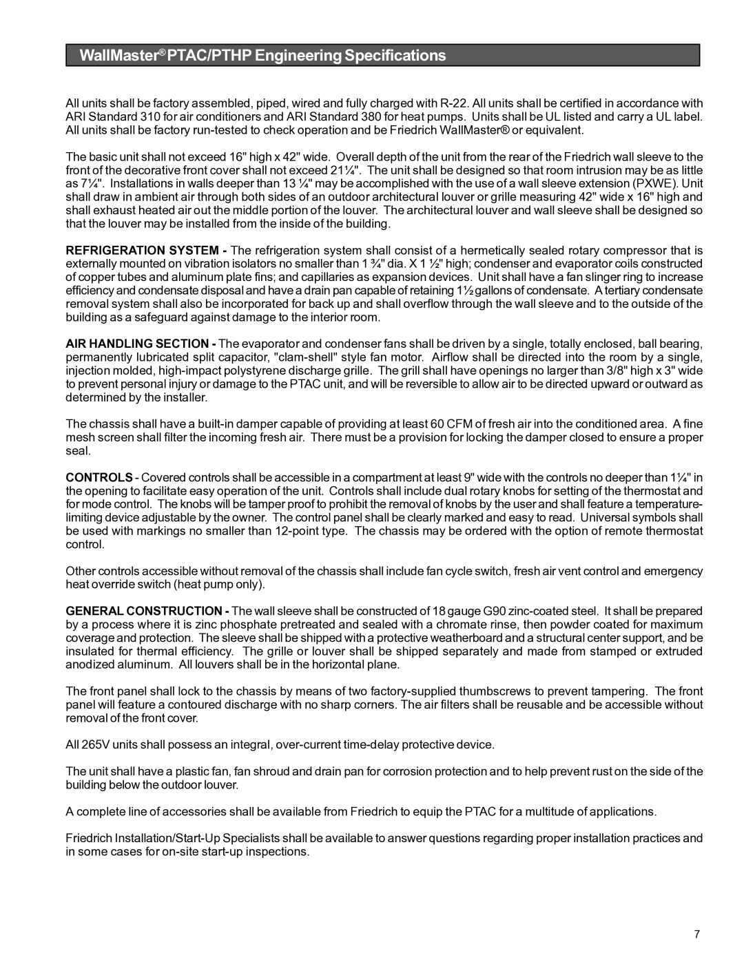 Friedrich PACKAGED TERMINAL AIR CONDITIONERS AND HEAT PUMPS manual WallMaster PTAC/PTHP Engineering Specifications 