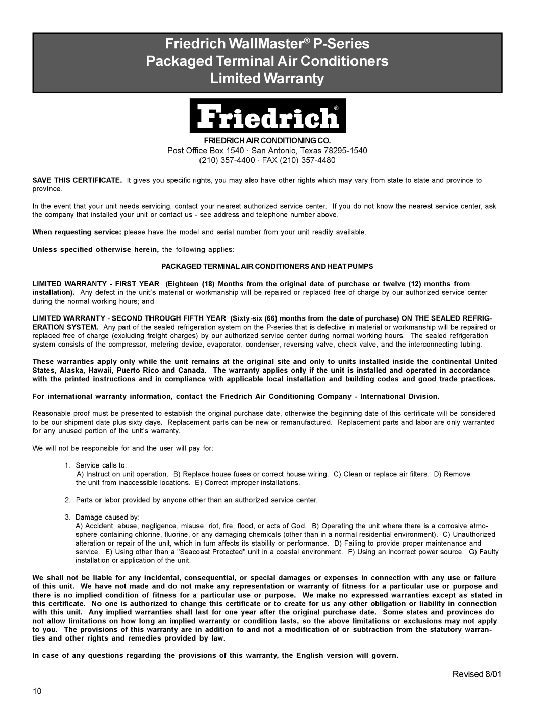 Friedrich PACKAGED TERMINAL AIR CONDITIONERS AND HEAT PUMPS Friedrich WallMaster P-Series, Limited Warranty, Revised 8/01 