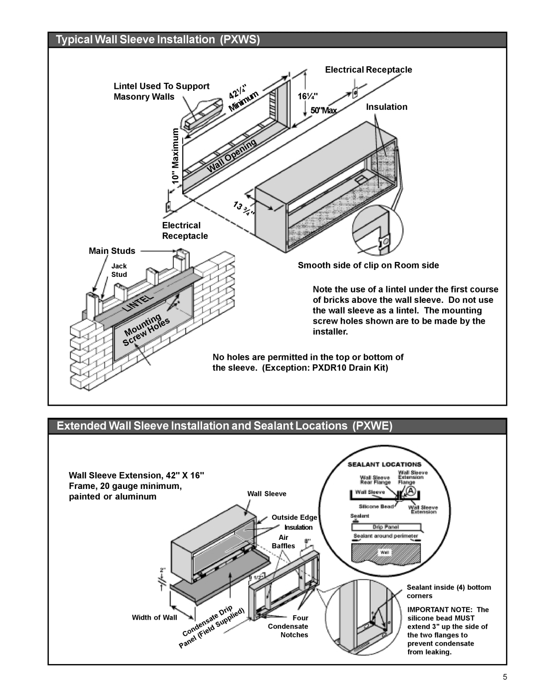 Friedrich PACKAGED TERMINAL AIR CONDITIONERS AND HEAT PUMPS Lintel Installation, Typical Wall Sleeve Installation PXWS 