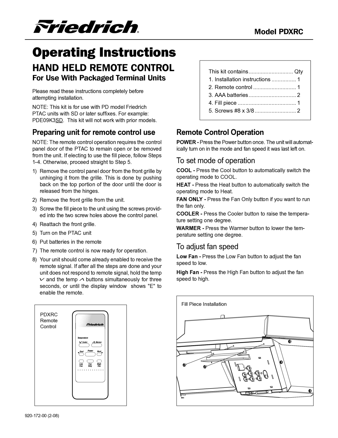 Friedrich PDXRC operating instructions Operating Instructions, Hand Held Remote Control, Remote Control Operation 