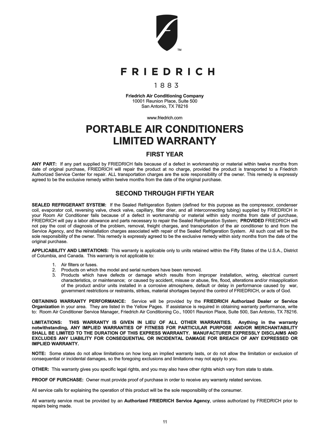 Friedrich P09B, PH14B, P12B manual 