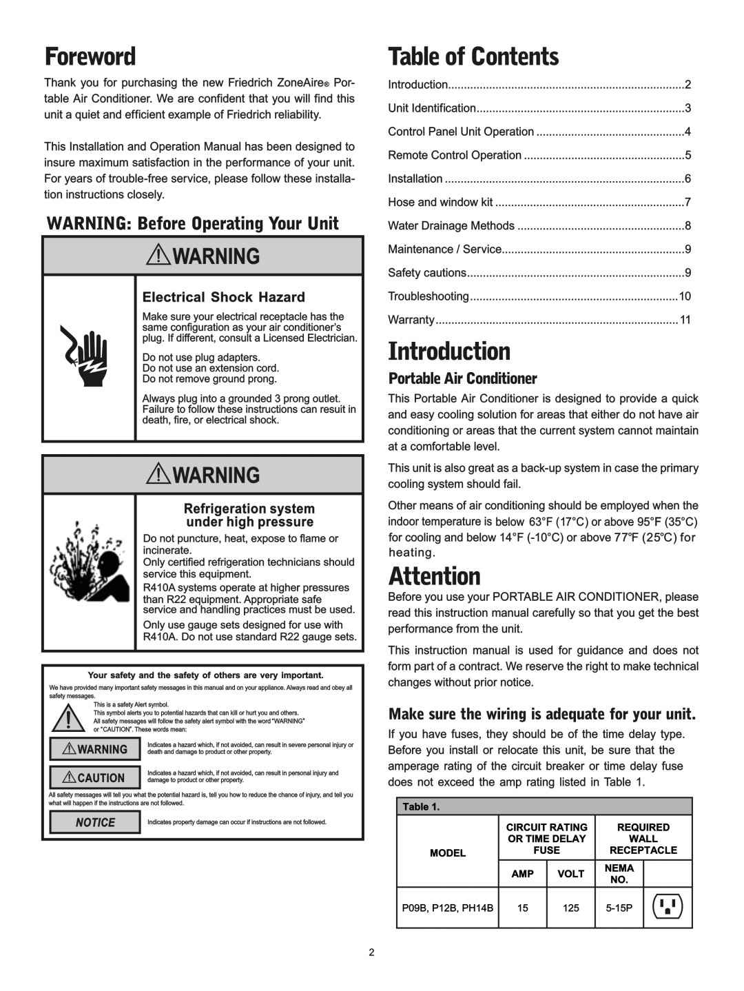 Friedrich P09B, PH14B, P12B manual 