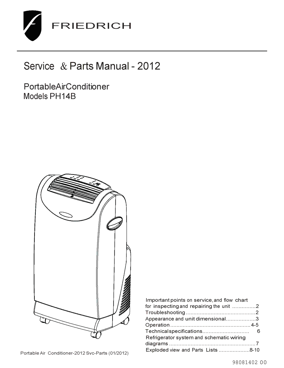 Friedrich PH14B technical specifications Service & Parts Manual 