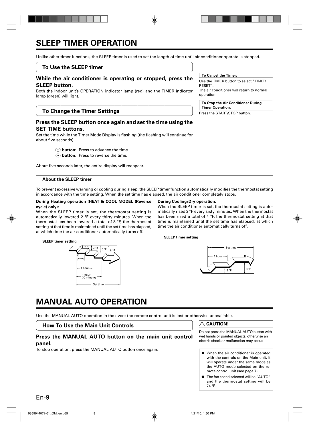 Friedrich P/N9359944072-01 manual Sleep Timer Operation, Manual Auto Operation, To Change the Timer Settings 