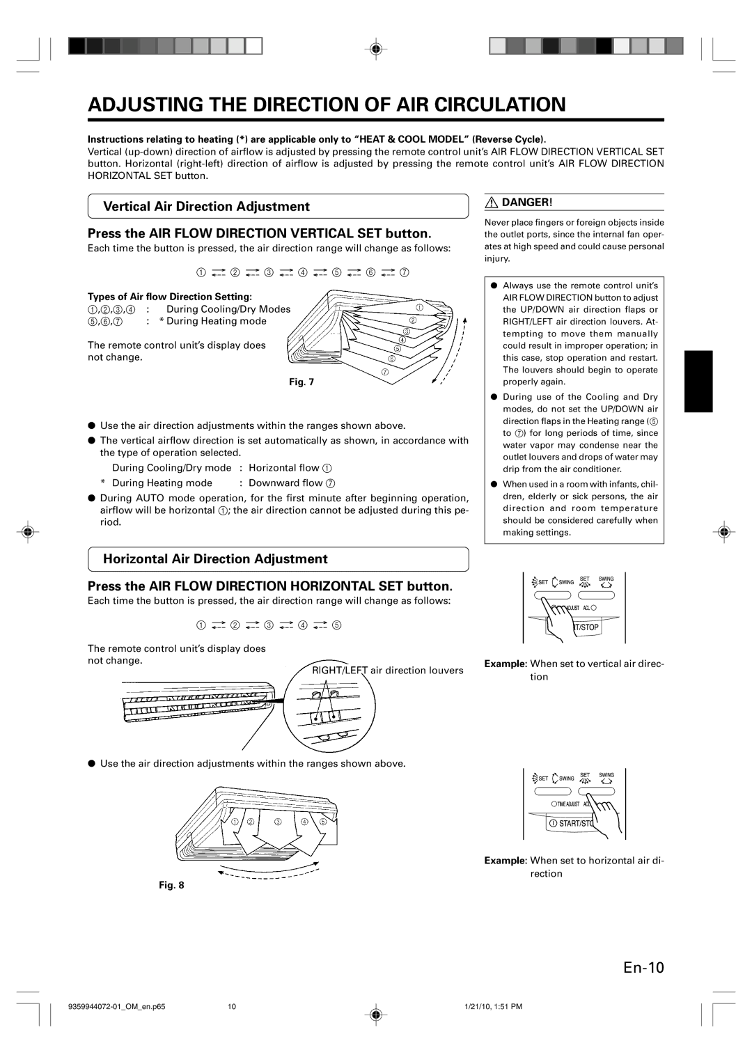 Friedrich P/N9359944072-01 manual Adjusting the Direction of AIR Circulation, Types of Air flow Direction Setting 