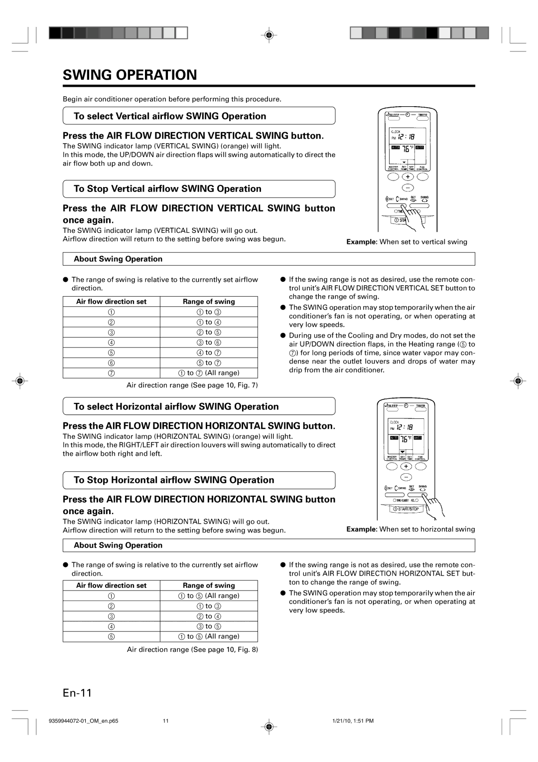 Friedrich P/N9359944072-01 manual About Swing Operation, Air flow direction set Range of swing 