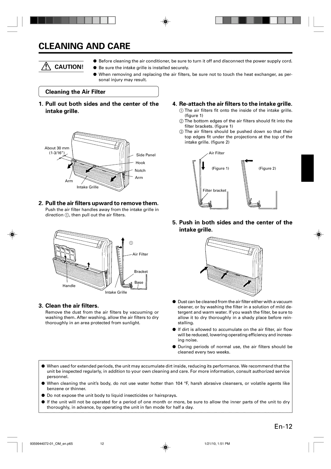 Friedrich P/N9359944072-01 manual Cleaning and Care, Pull the air filters upward to remove them, Clean the air filters 