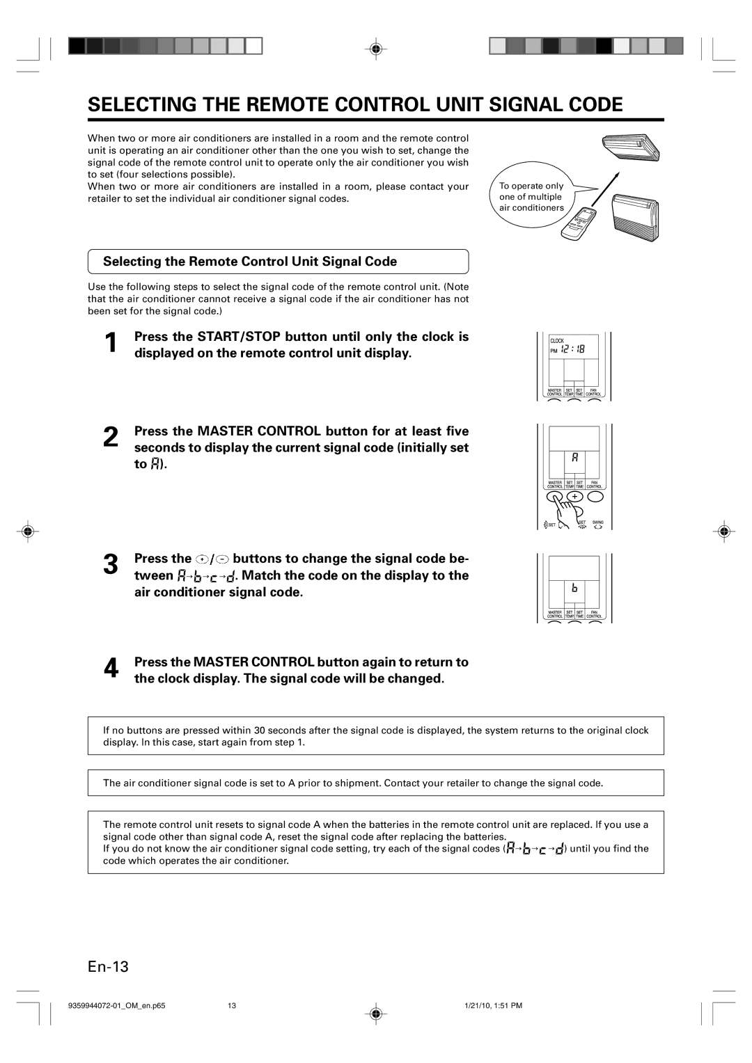 Friedrich P/N9359944072-01 manual Selecting the Remote Control Unit Signal Code 