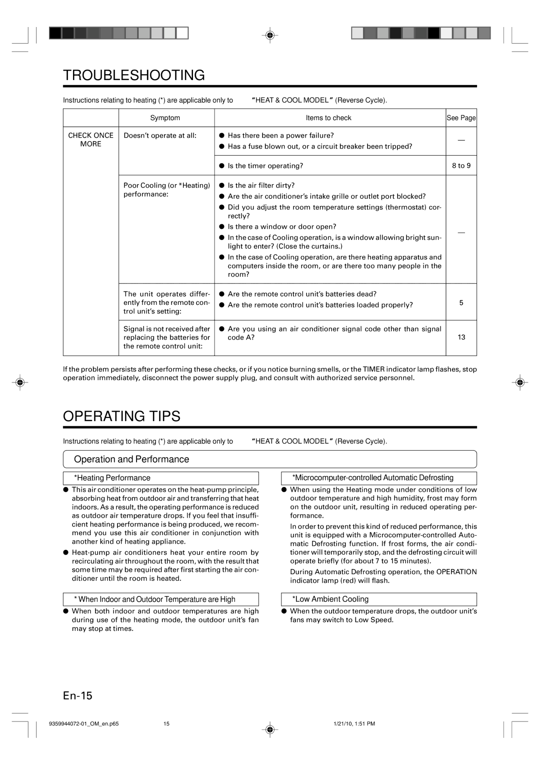 Friedrich P/N9359944072-01 manual Operating Tips, Operation and Performance, Heating Performance, Low Ambient Cooling 