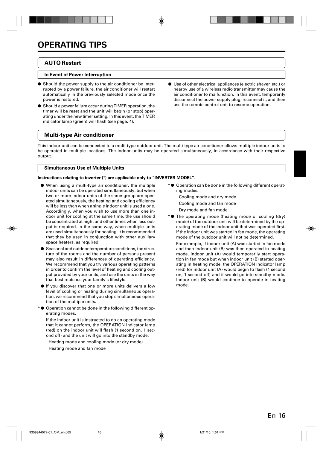 Friedrich P/N9359944072-01 manual Auto Restart, Multi-type Air conditioner, Event of Power Interruption 