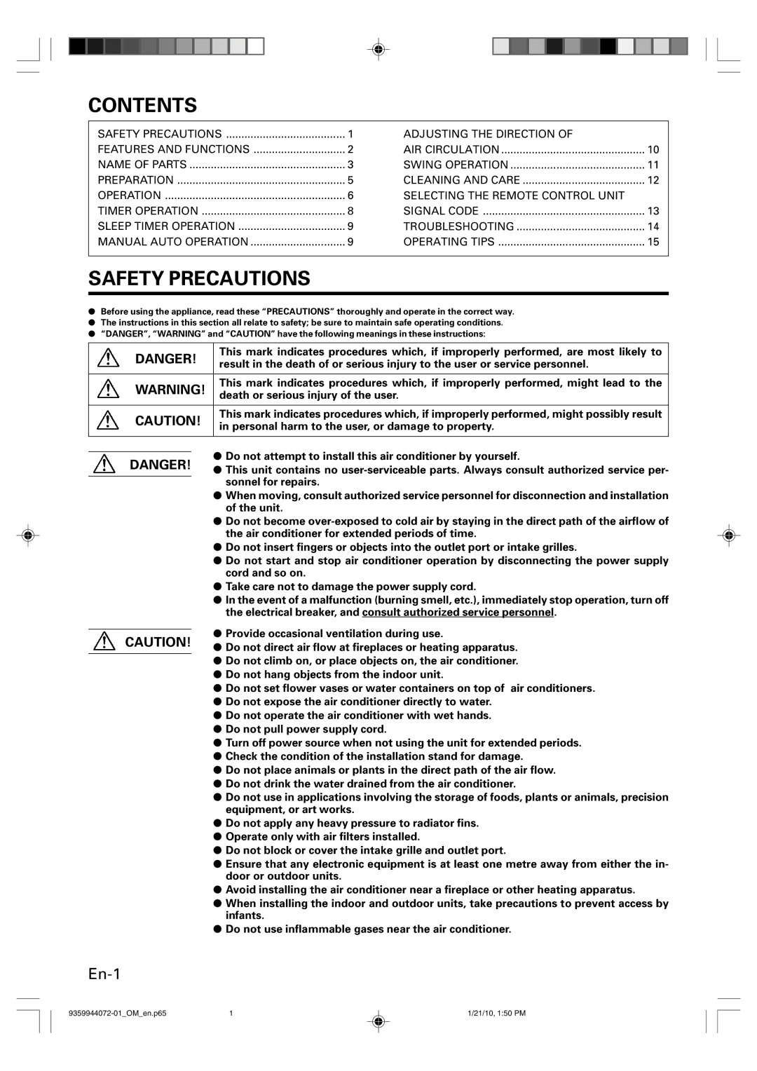 Friedrich P/N9359944072-01 manual Contents, Safety Precautions 