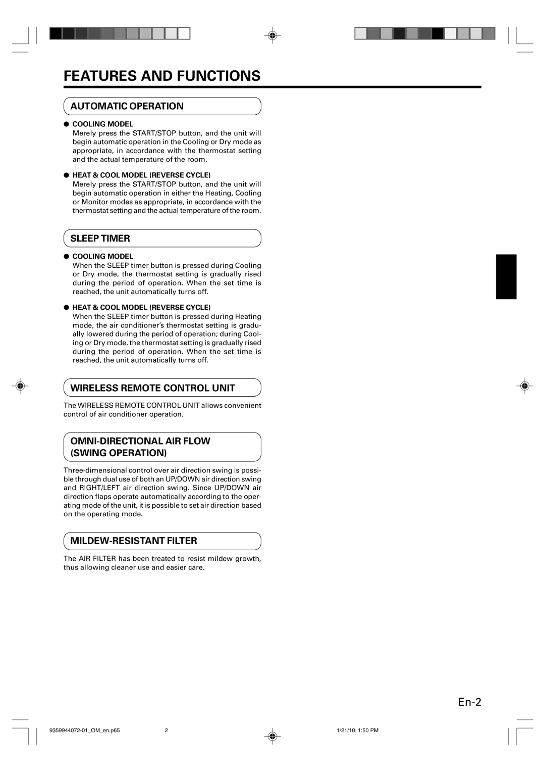 Friedrich P/N9359944072-01 manual Features and Functions, Automatic Operation 