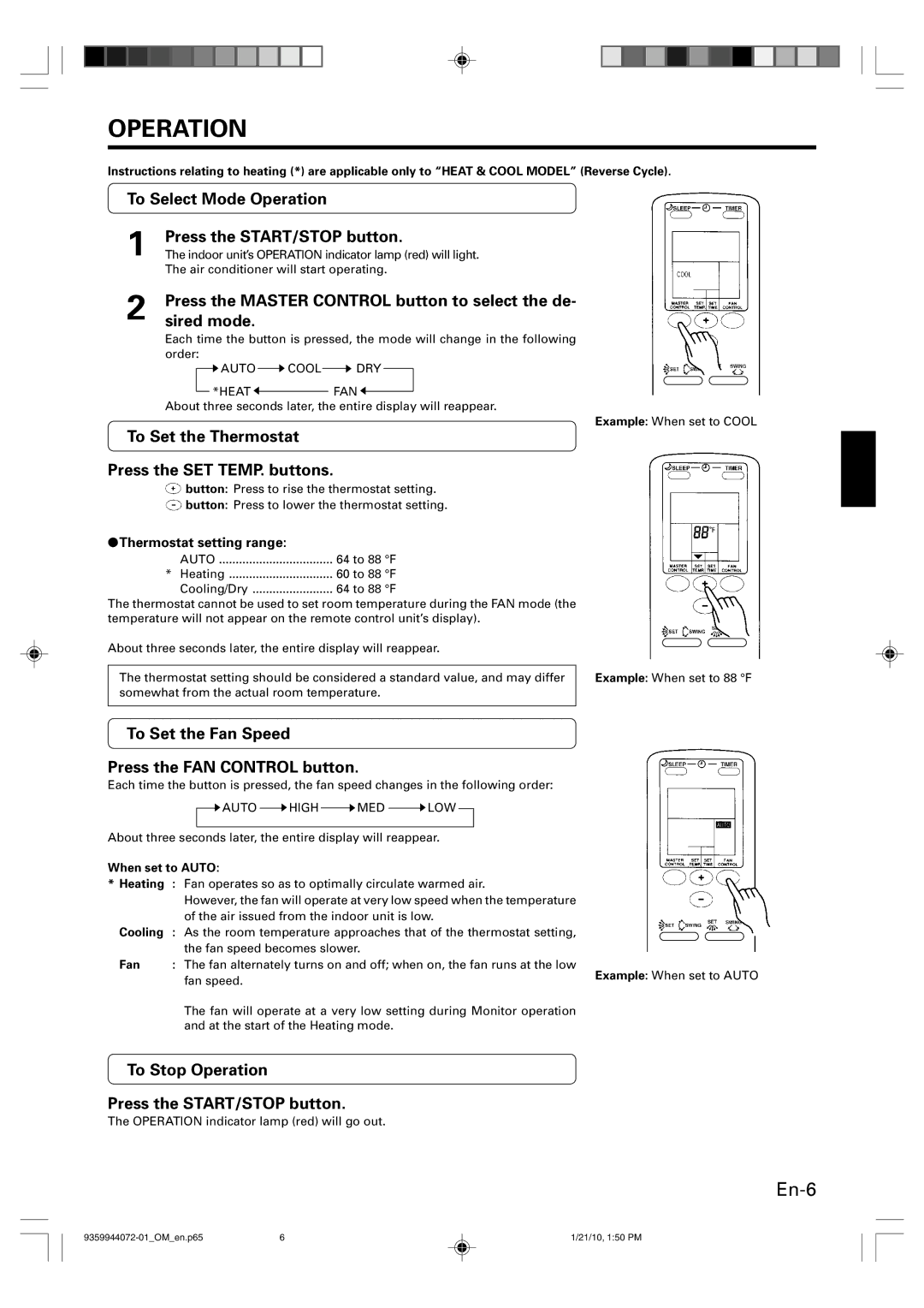 Friedrich P/N9359944072-01 manual To Select Mode Operation Press the START/STOP button 