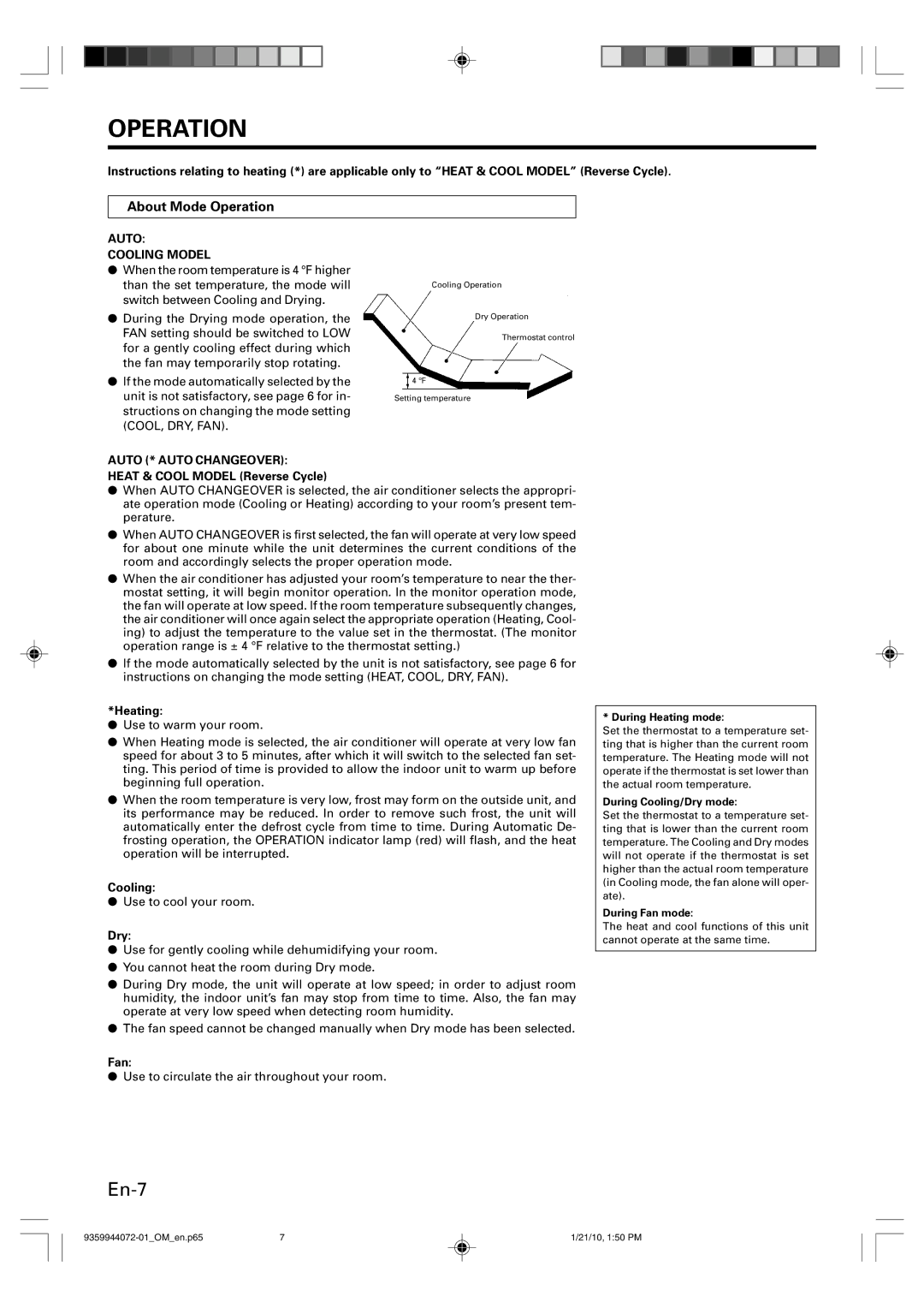 Friedrich P/N9359944072-01 manual About Mode Operation, Heat & Cool Model Reverse Cycle, Heating, Dry 