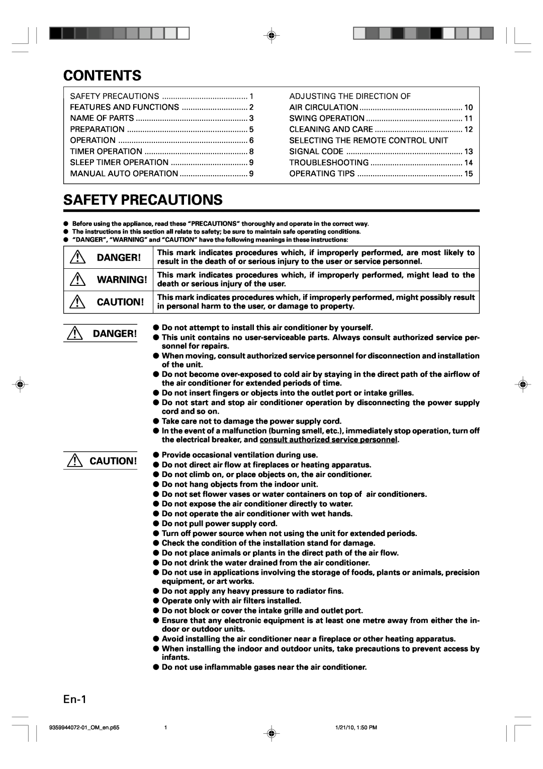 Friedrich P/N9359944072-01 manual Contents, Safety Precautions, En-1, Danger 