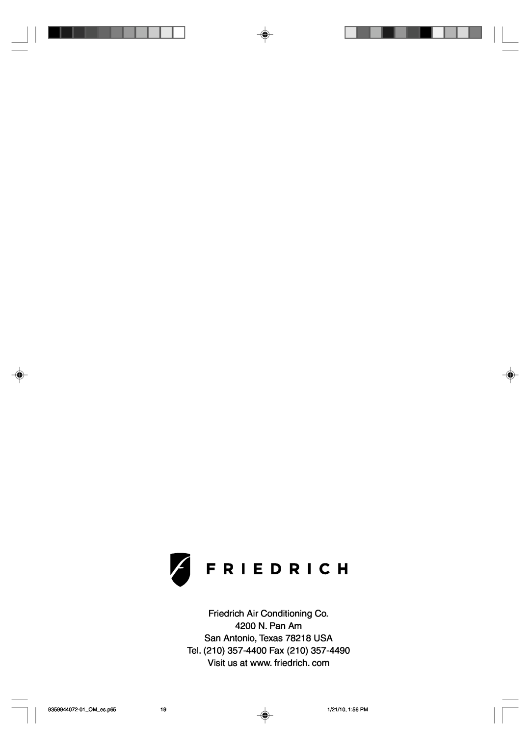 Friedrich P/N9359944072-01 manual Friedrich Air Conditioning Co 4200 N. Pan Am, San Antonio, Texas 78218 USA, OM es.p65 