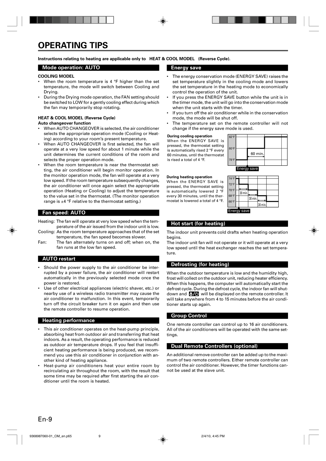 Friedrich P/N9368987060-01 manual Operating Tips 