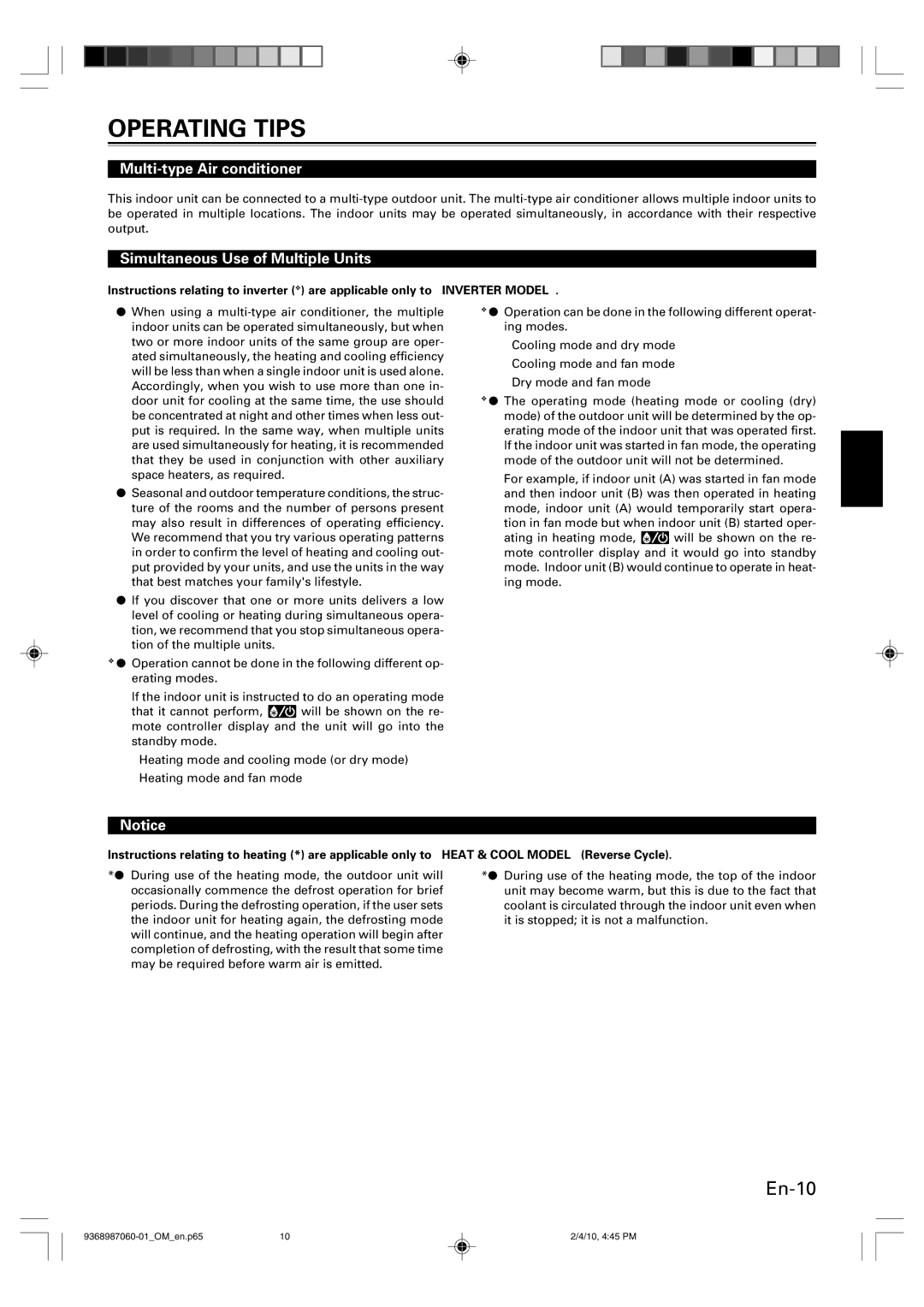 Friedrich P/N9368987060-01 manual Multi-type Air conditioner, Simultaneous Use of Multiple Units 