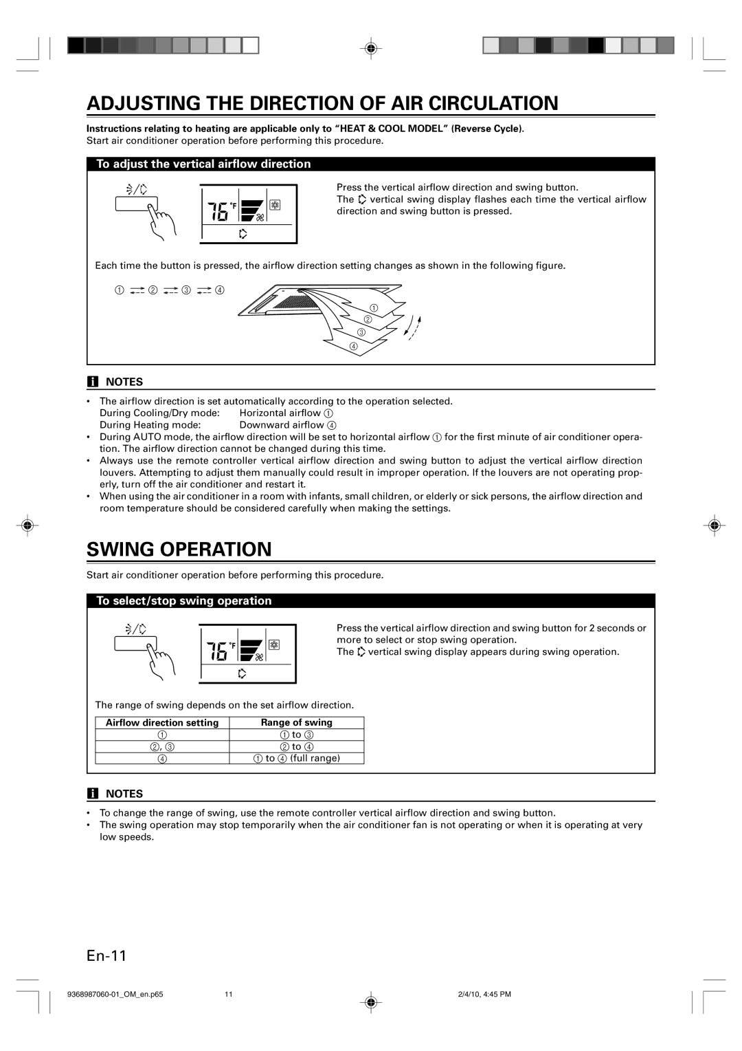 Friedrich P/N9368987060-01 Adjusting the Direction of AIR Circulation, Swing Operation, To select/stop swing operation 