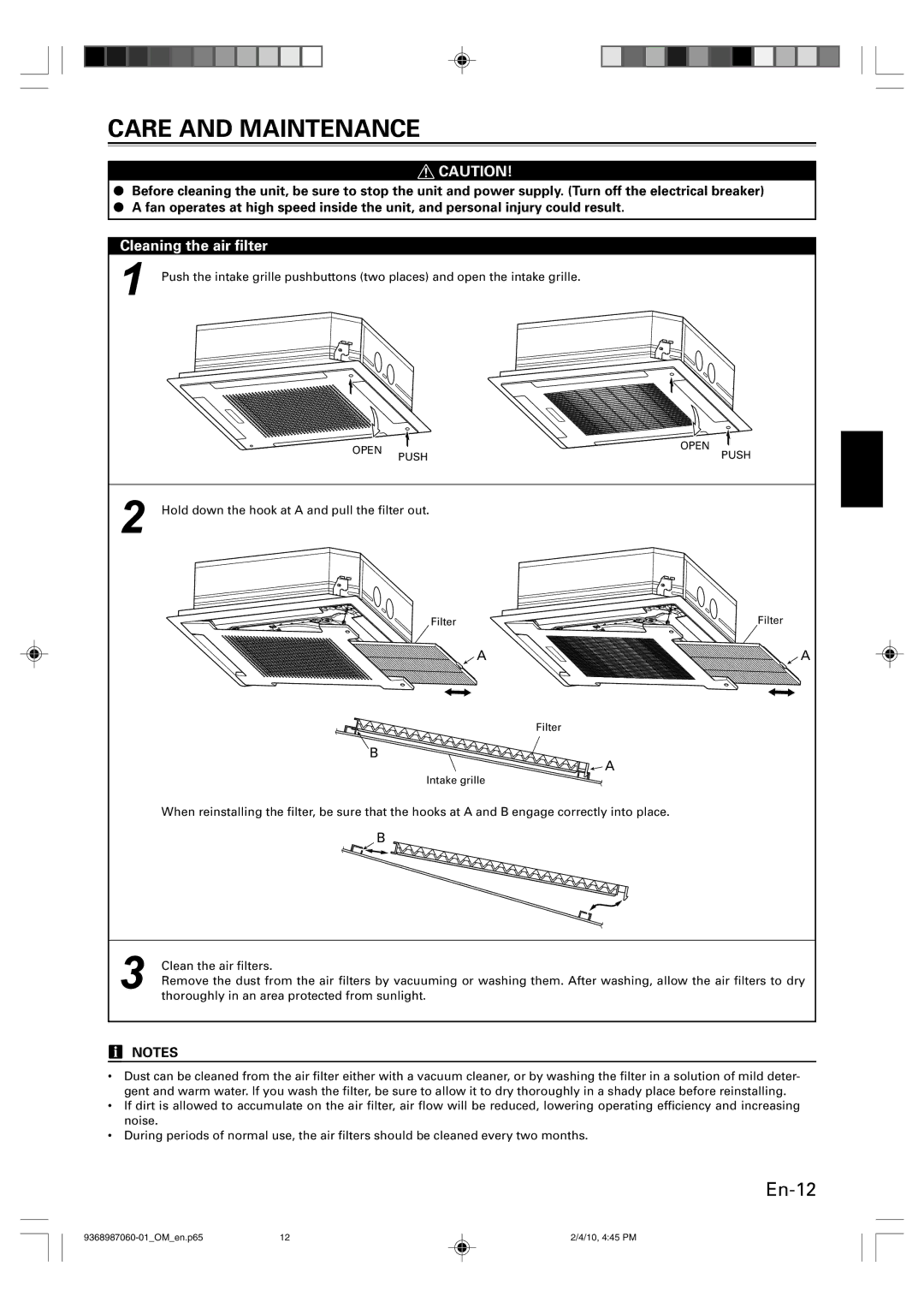 Friedrich P/N9368987060-01 manual Care and Maintenance, Cleaning the air filter 