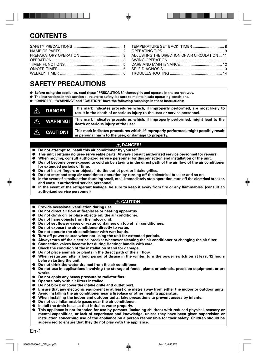 Friedrich P/N9368987060-01 manual Contents, Safety Precautions 