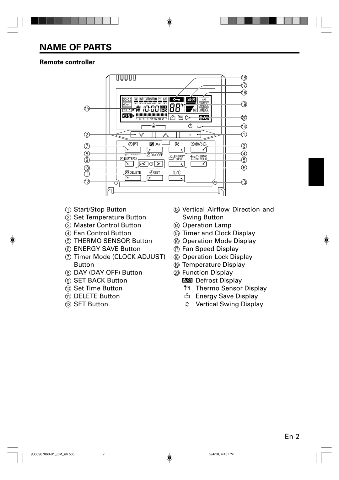 Friedrich P/N9368987060-01 manual Name of Parts, Remote controller 