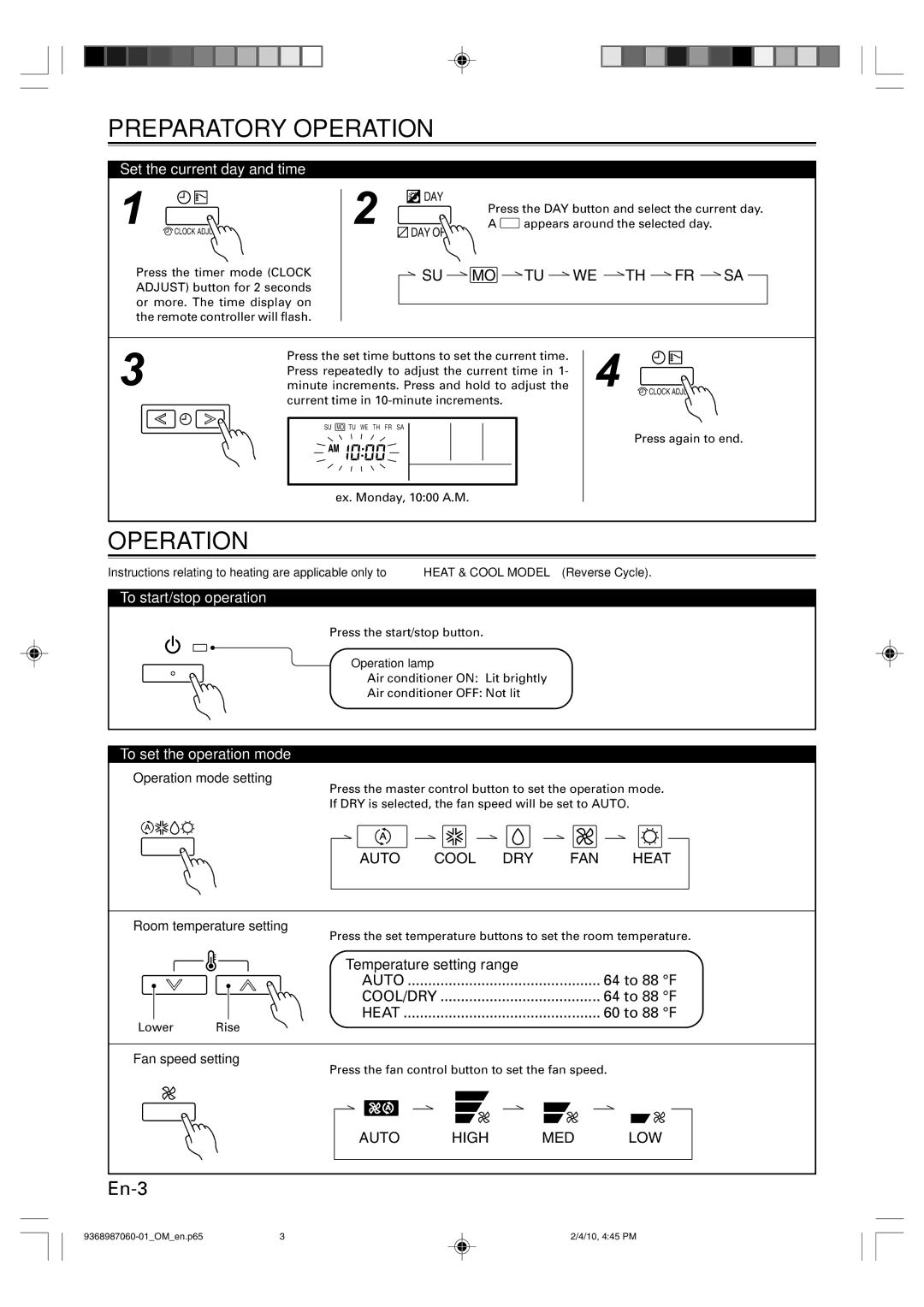 Friedrich P/N9368987060-01 manual Preparatory Operation, Set the current day and time, To start/stop operation 