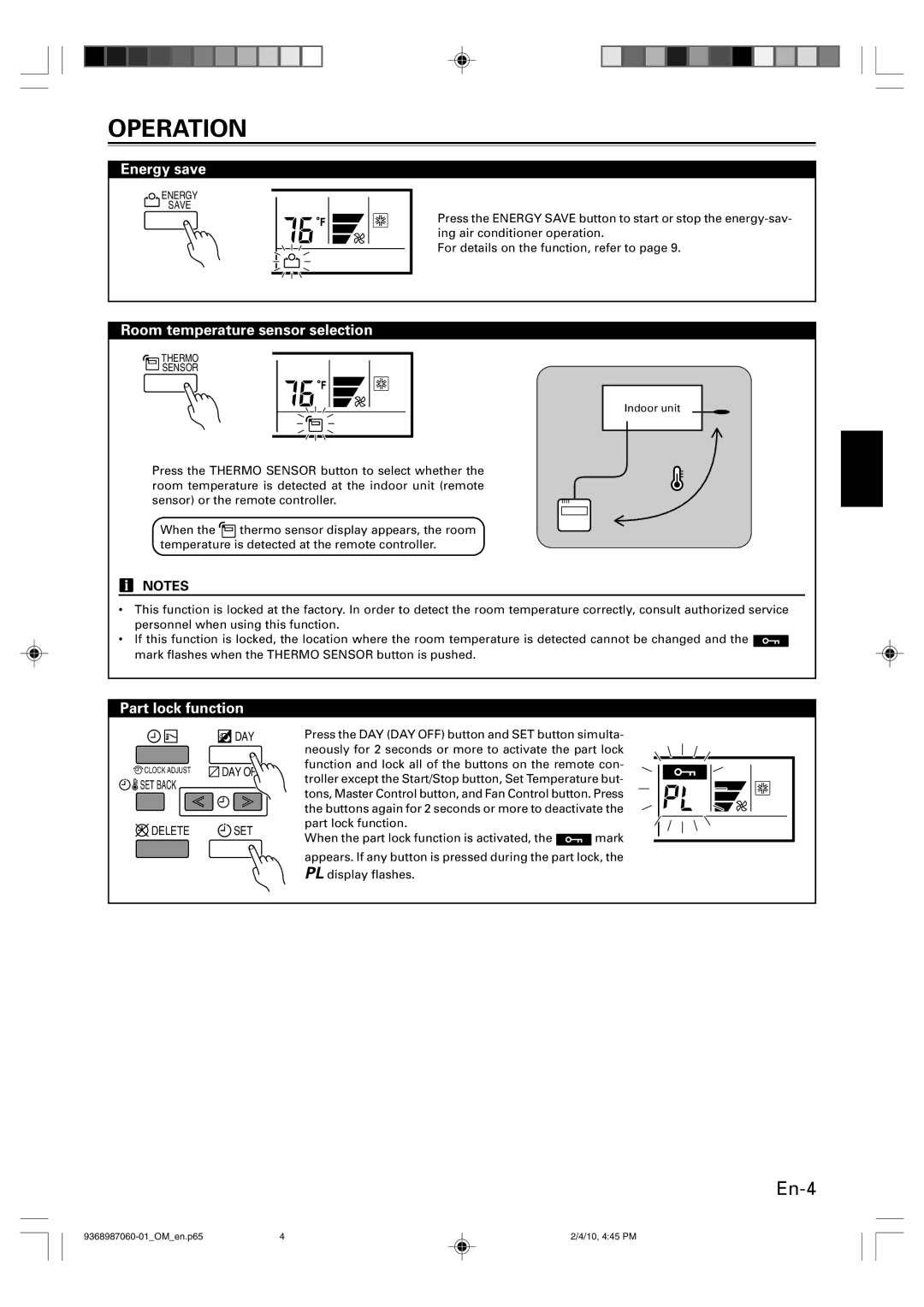 Friedrich P/N9368987060-01 manual Energy save, Room temperature sensor selection, Part lock function 