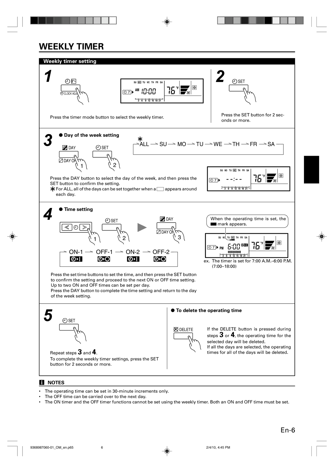 Friedrich P/N9368987060-01 manual Weekly timer setting, Day of the week setting, Time setting 