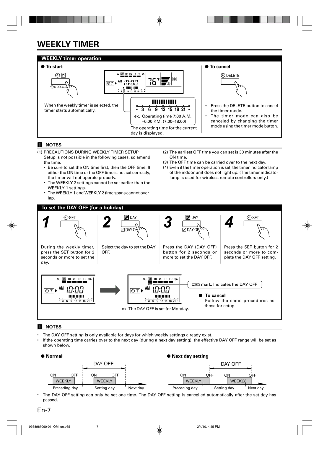 Friedrich P/N9368987060-01 manual Weekly Timer, Weekly timer operation, To set the DAY OFF for a holiday, To start 