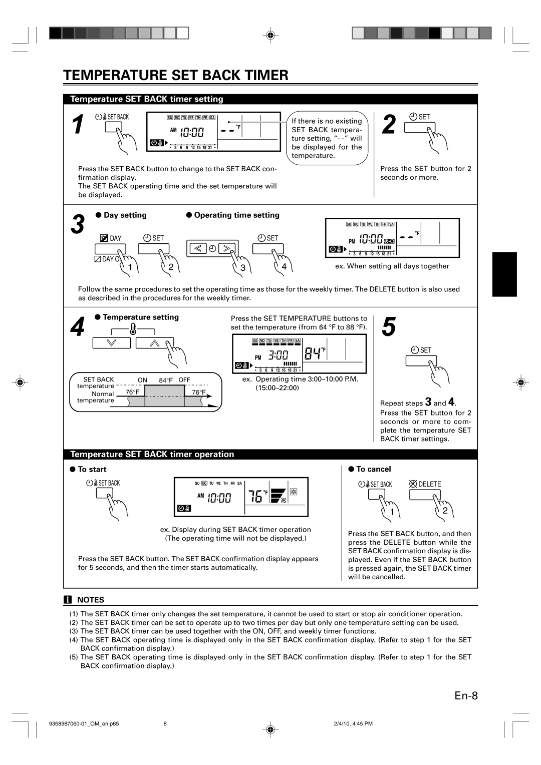 Friedrich P/N9368987060-01 manual Temperature SET Back Timer, Temperature SET Back timer setting, Temperature setting 