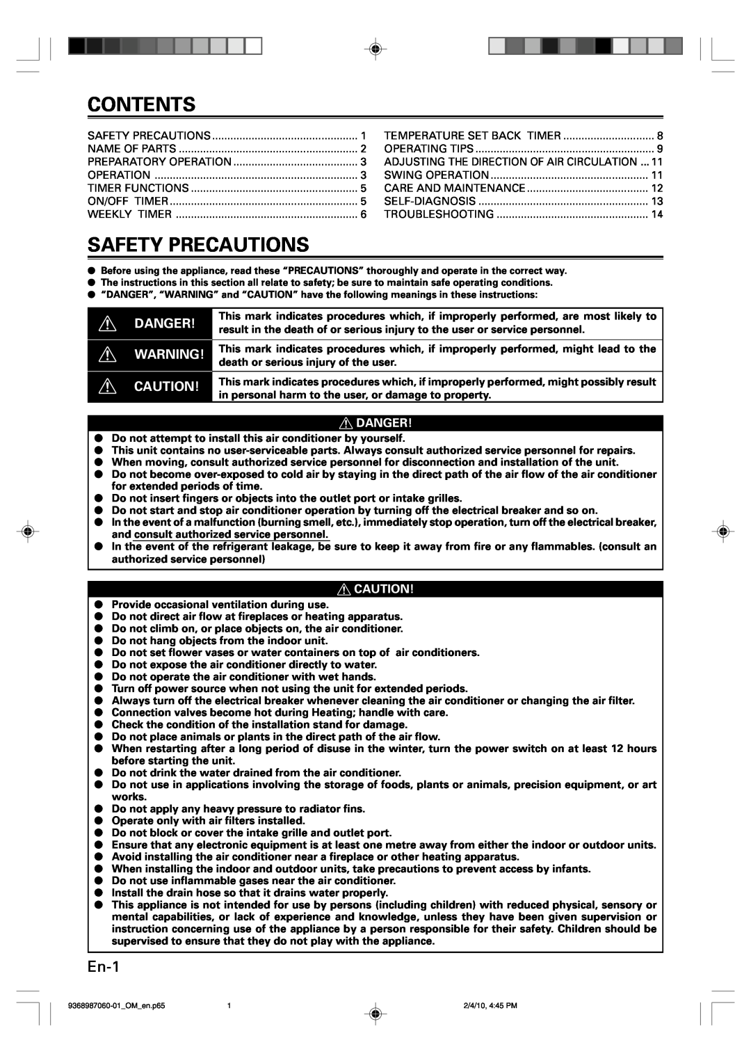Friedrich P/N9368987060-01 manual Contents, Safety Precautions, En-1, Danger 