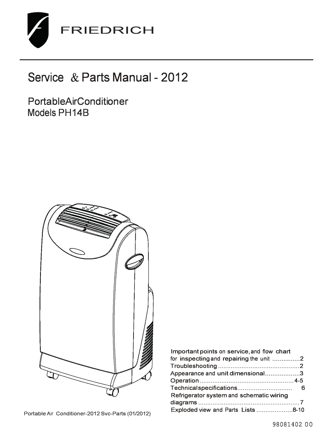 Friedrich Models PH14B technical specifications Service & Parts Manual, PortableAirConditioner, Friedrich, 98081402 