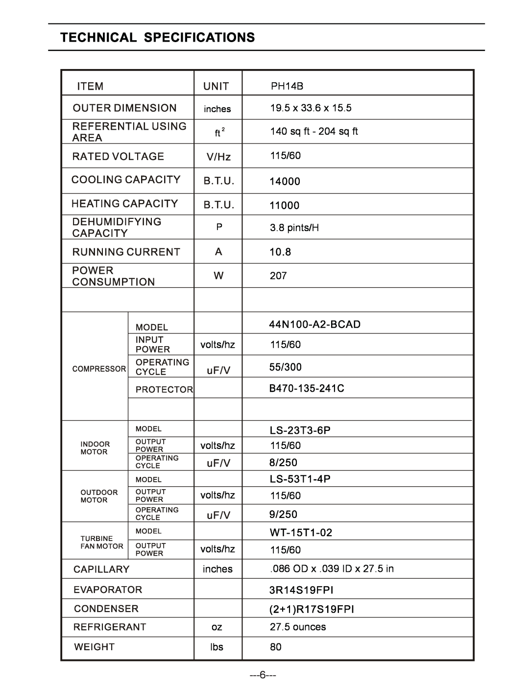 Friedrich Portable Air Conditioner, Models PH14B technical specifications 